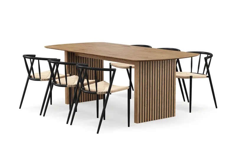 Richeto Spisebord 210 cm med 6 Winston Spisestole, Naturlig finish / Beige / Metalben Sort
