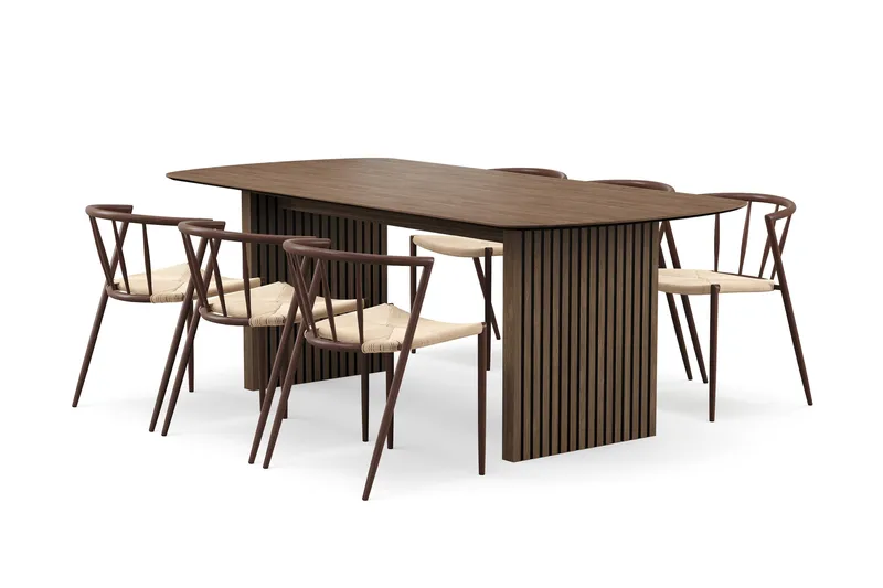 Richeto Spisebord 210 cm med 6 Winston Spisestole, Røget eg / Beige / Metalben Røget eg