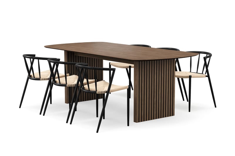 Richeto Spisebord 210 cm med 6 Winston Spisestole, Røget eg / Beige / Metalben Sort