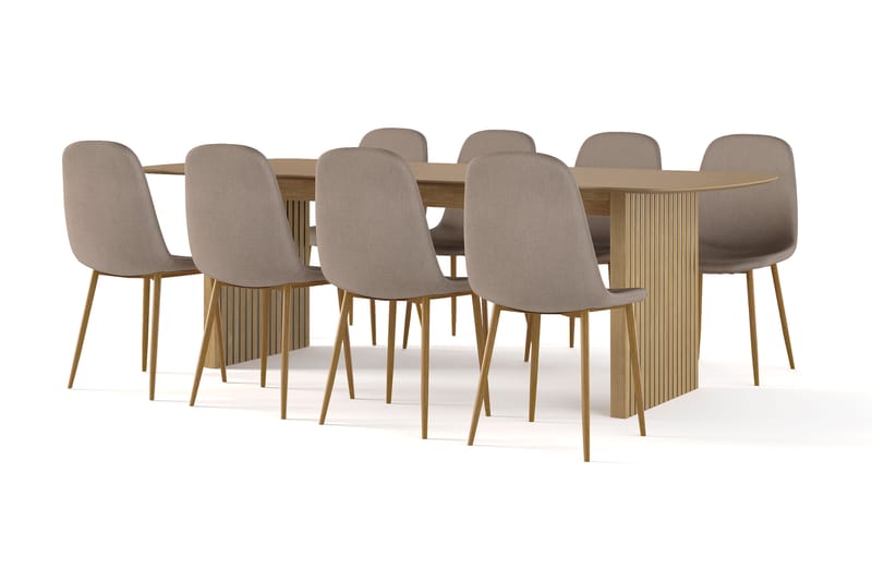 Richeto Spisebord 240 cm eg + 8 stk Nibe stol brun med egetræben, Natur/Brun