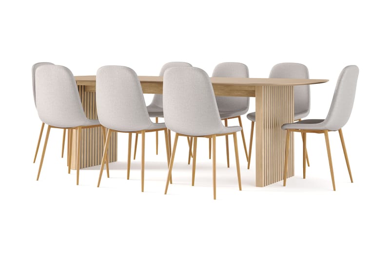 Richeto Spisebord 240 cm eg + 8 stk Nibe stol grå med egetræben - Natur/Grå - Møbler - Borde - Spisebordssæt