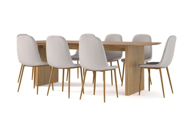 Richeto Spisebord 240 cm eg + 8 stk Nibe stol grå med egetræben - Natur/Grå - Møbler - Borde - Spisebordssæt