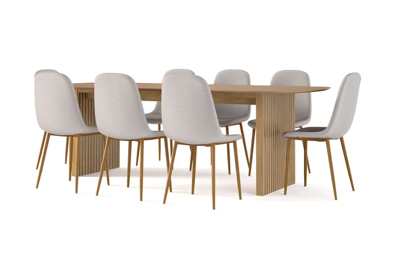 Richeto Spisebord 240 cm eg + 8 stk Nibe stol grå med egetræben - Natur/Grå - Møbler - Borde - Spisebordssæt
