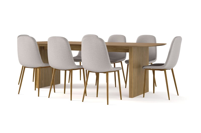 Richeto Spisebord 240 cm eg + 8 stk Nibe stol grå med egetræben, Natur/Grå