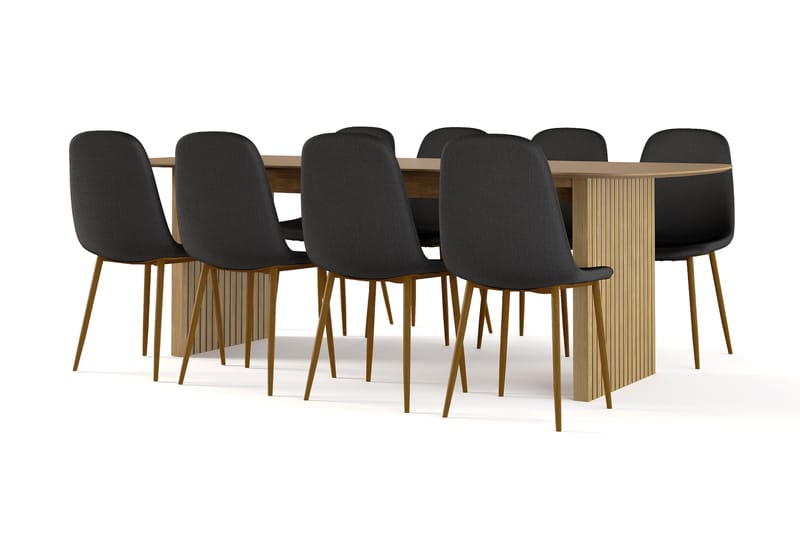 Richeto Spisebord 240 cm eg + 8 stk Nibe stol sort med egetræben, Natur/Sort