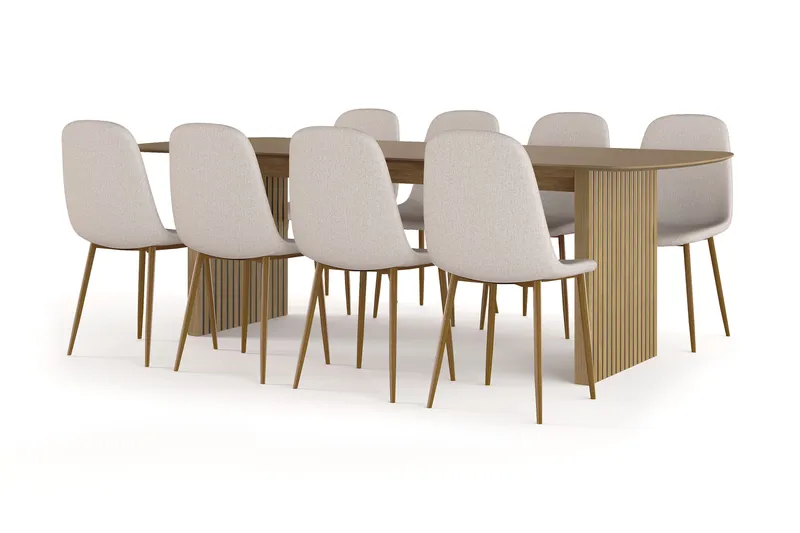 Richeto spisebord 240 cm eg + 8 stk. Nibe stol beige med egeben, Eg