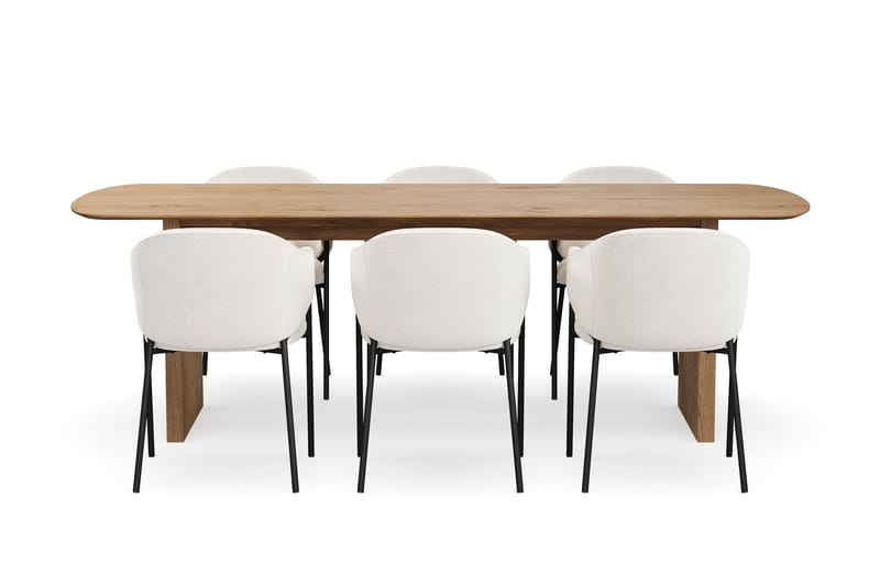 Richeto Spisebord 240 cm med 6 Filip Spisestole - Naturlig finish / Hvid Bouclé - Møbler - Borde - Spisebordssæt