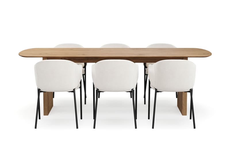 Richeto Spisebord 240 cm med 6 Filip Spisestole - Naturlig finish / Hvid Bouclé - Møbler - Borde - Spisebordssæt