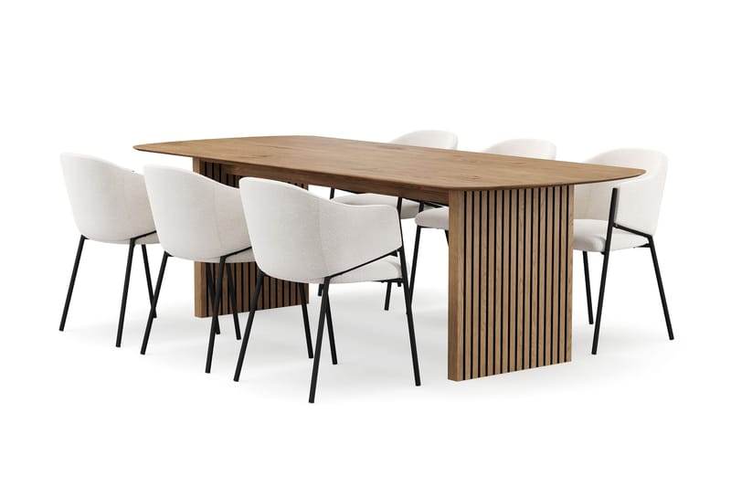 Richeto Spisebord 240 cm med 6 Filip Spisestole, Naturlig finish / Hvid Bouclé