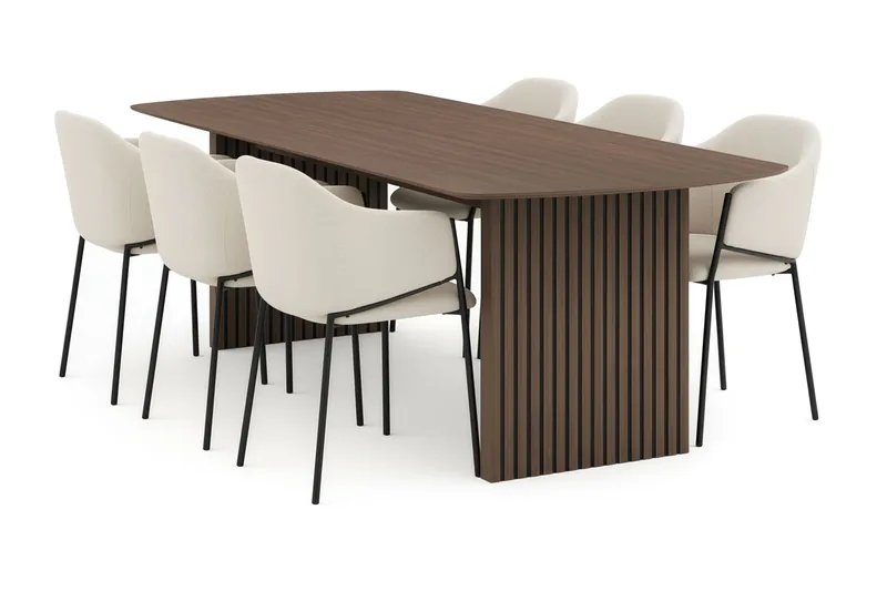 Richeto Spisebord 240 cm med 6 Filip Spisestole, Røget eg / Hvid Bouclé