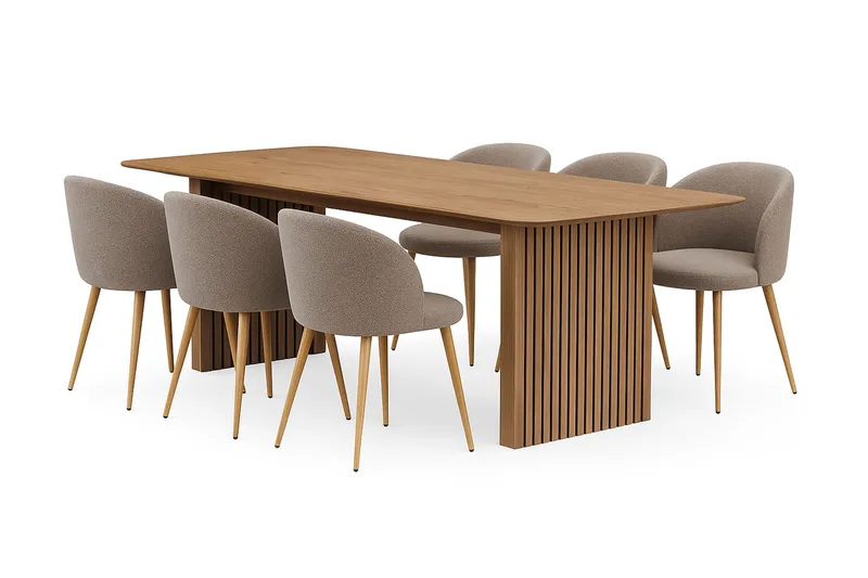 Richeto Spisebord 240 cm med 6 Greya Spisestole med armlæn, Naturlig finish / Greige Bouclé / Metalben Eg