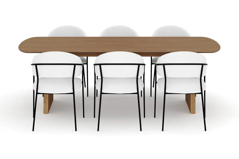 Richeto Spisebord 240 cm med 6 Karol Spisestole - Naturlig finish / Hvid Bouclé - Møbler - Borde - Spisebordssæt