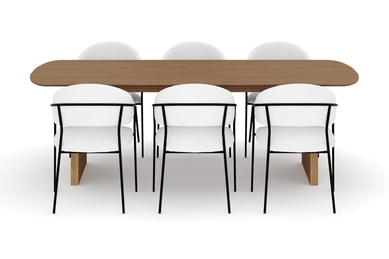 Richeto Spisebord 240 cm med 6 Karol Spisestole - Naturlig finish / Hvid Bouclé - Møbler - Borde - Spisebordssæt