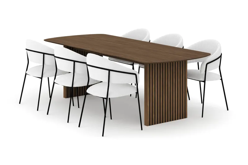 Richeto Spisebord 240 cm med 6 Karol Spisestole, Røget eg / Hvid Bouclé