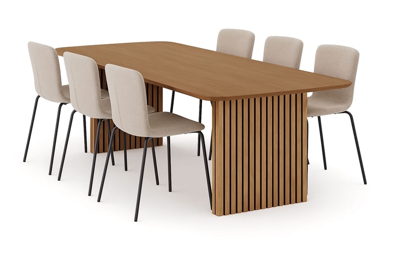 Richeto Spisebord 240 cm med 6 Katy Spisestole, Naturlig finish / Greige Bouclé / Metalben Sort