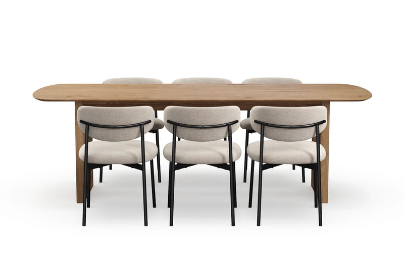 Richeto Spisebord 240 cm med 6 Lucy Spisestole - Naturlig finish / Greige Bouclé / Metalben Sort - Møbler - Borde - Spisebordssæt