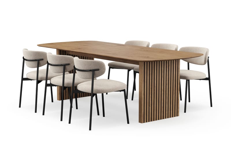 Richeto Spisebord 240 cm med 6 Lucy Spisestole, Naturlig finish / Greige Bouclé / Metalben Sort