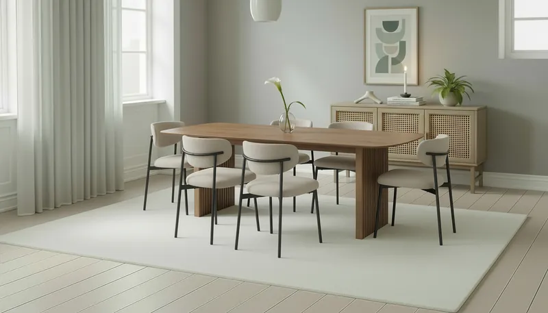 Richeto Spisebord 240 cm med 6 Lucy Spisestole - Naturlig finish / Greige Bouclé / Metalben Sort - Møbler - Borde - Spisebordssæt