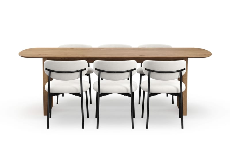 Richeto Spisebord 240 cm med 6 Lucy Spisestole - Naturlig finish / Hvid Bouclé / Metalben Sort - Møbler - Borde - Spisebordssæt