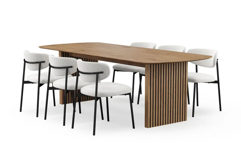 Richeto Spisebord 240 cm med 6 Lucy Spisestole, Naturlig finish / Hvid Bouclé / Metalben Sort