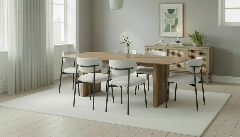 Richeto Spisebord 240 cm med 6 Lucy Spisestole - Naturlig finish / Hvid Bouclé / Metalben Sort - Møbler - Borde - Spisebordssæt