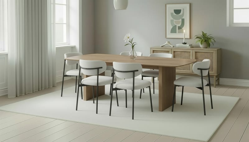 Richeto Spisebord 240 cm med 6 Lucy Spisestole - Naturlig finish / Hvid Bouclé / Metalben Sort - Møbler - Borde - Spisebordssæt