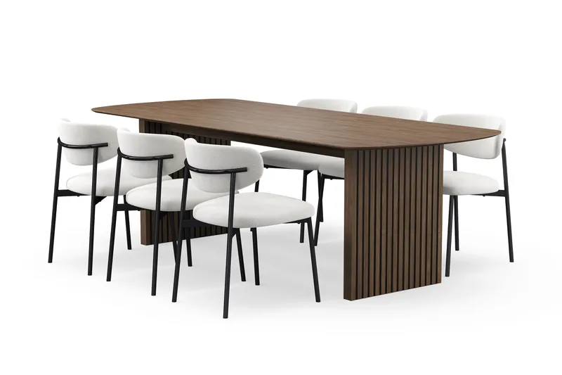 Richeto Spisebord 240 cm med 6 Lucy Spisestole, Røget eg / Hvid Bouclé