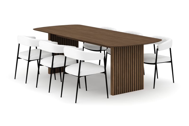 Richeto Spisebord 240 cm med 6 Velma Spisestole, Røget eg / Hvid Bouclé