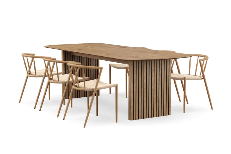 Richeto Spisebord 240 cm med 6 Winston Spisestole, Naturlig finish / Beige / Metalben Eg