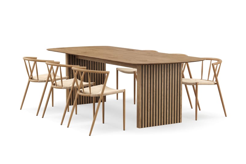 Richeto Spisebord 240 cm med 6 Winston Spisestole, Naturlig finish / Beige / Metalben Eg