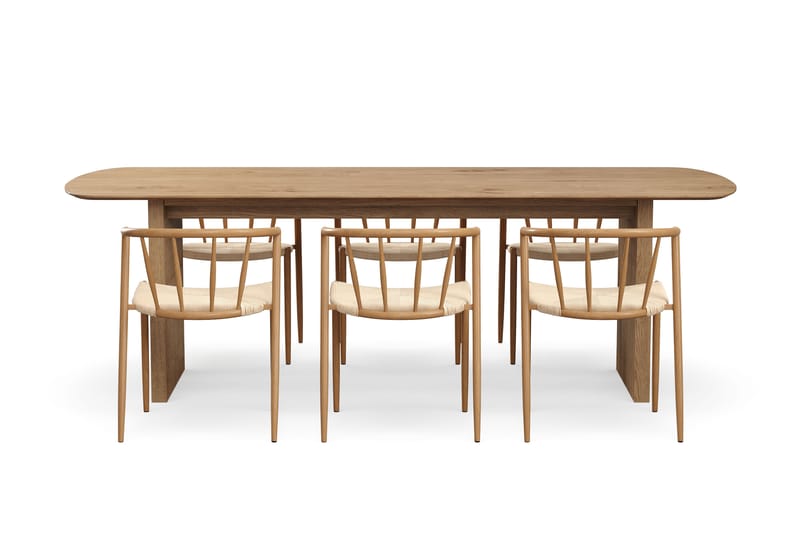 Richeto Spisebord 240 cm med 6 Winston Spisestole - Naturlig finish / Beige / Metalben Eg - Møbler - Borde - Spisebordssæt