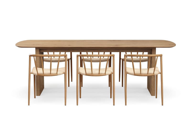 Richeto Spisebord 240 cm med 6 Winston Spisestole - Naturlig finish / Beige / Metalben Eg - Møbler - Borde - Spisebordssæt