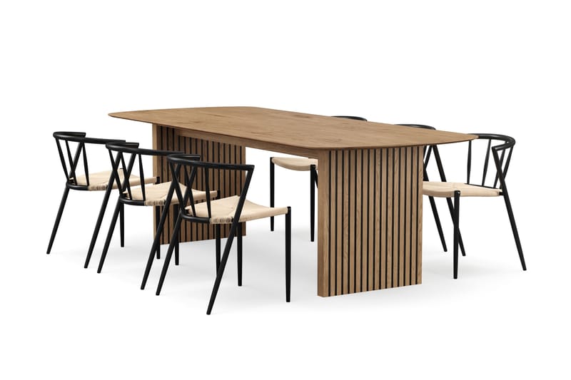 Richeto Spisebord 240 cm med 6 Winston Spisestole, Naturlig finish / Beige / Metalben Sort