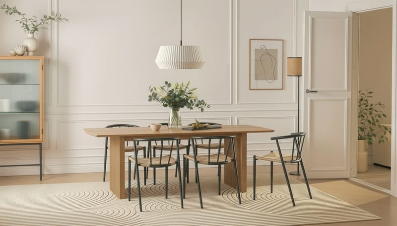 Richeto Spisebord 240 cm med 6 Winston Spisestole - Naturlig finish / Beige / Metalben Sort - Møbler - Borde - Spisebordssæt