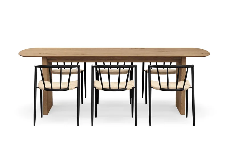 Richeto Spisebord 240 cm med 6 Winston Spisestole - Naturlig finish / Beige / Metalben Sort - Møbler - Borde - Spisebordssæt