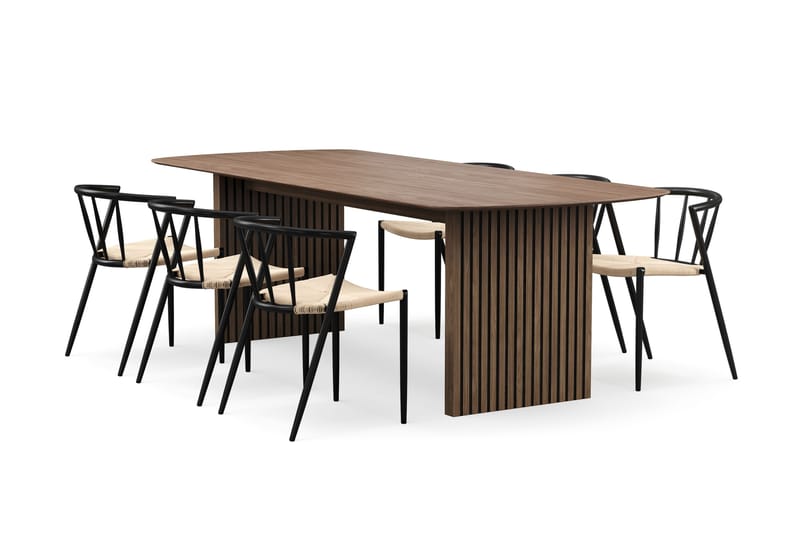 Richeto Spisebord 240 cm med 6 Winston Spisestole, Røget eg / Beige / Metalben Sort