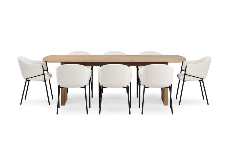 Richeto Spisebord 240 cm med 8 Filip Spisestole - Naturlig finish / Hvid Bouclé - Møbler - Borde - Spisebordssæt