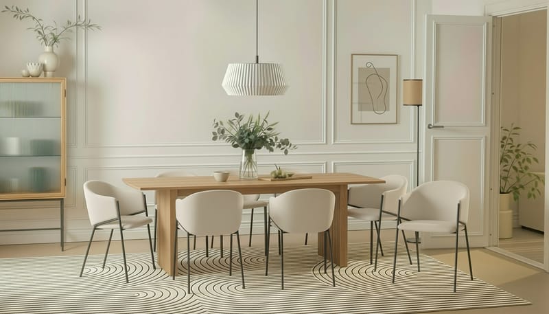 Richeto Spisebord 240 cm med 8 Filip Spisestole - Naturlig finish / Hvid Bouclé - Møbler - Borde - Spisebordssæt