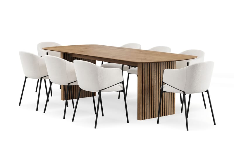 Richeto Spisebord 240 cm med 8 Filip Spisestole, Naturlig finish / Hvid Bouclé