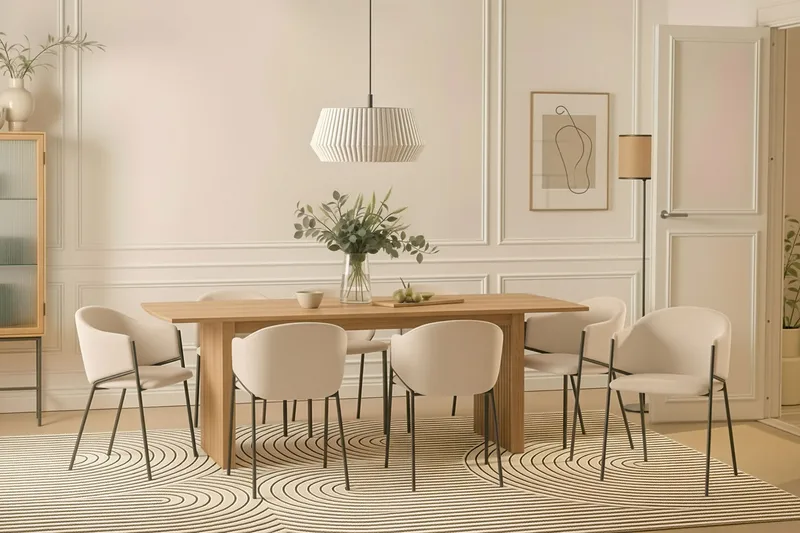 Richeto Spisebord 240 cm med 8 Filip Spisestole - Naturlig finish / Hvid Bouclé - Møbler - Borde - Spisebordssæt