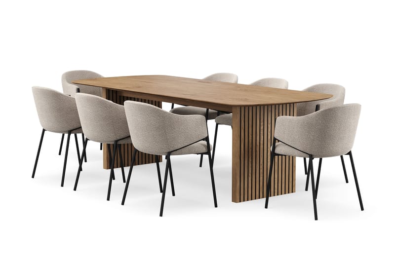 Richeto Spisebord 240 cm med 8 Filip Spisestole, Naturlig finish / Taupe Bouclé