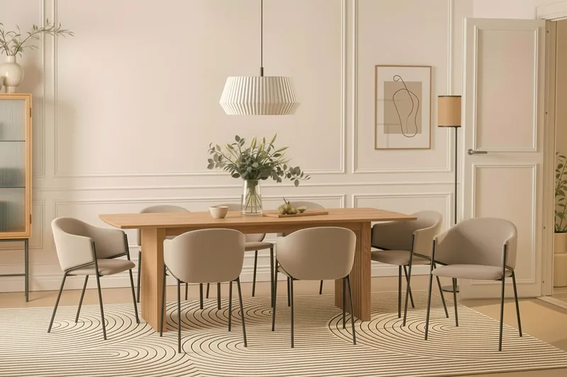 Richeto Spisebord 240 cm med 8 Filip Spisestole - Naturlig finish / Taupe Bouclé - Møbler - Borde - Spisebordssæt