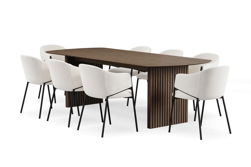 Richeto Spisebord 240 cm med 8 Filip Spisestole, Røget eg / Hvid Bouclé