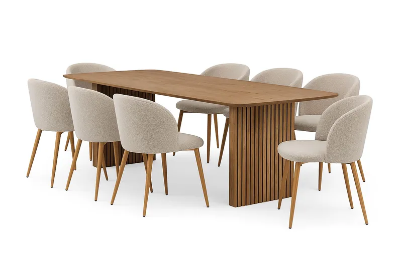 Richeto spisebord 240 cm med 8 Greya spisebordsstole med armlæn, Naturlig finish / Greige bouclé / Metalben Eg