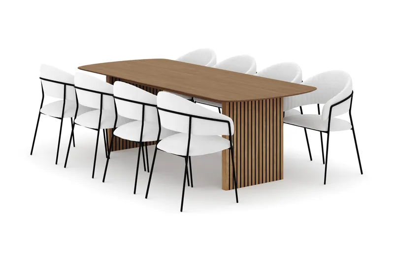Richeto Spisebord 240 cm med 8 Karol Spisestole, Naturlig finish / Hvid Bouclé