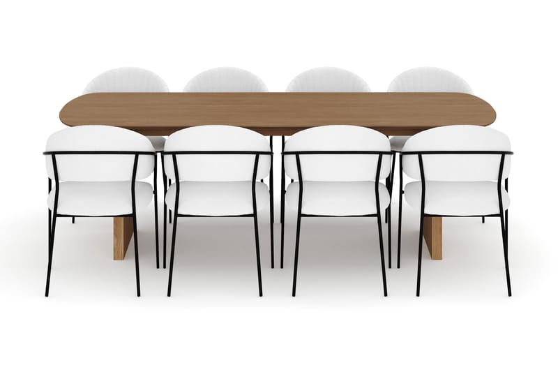 Richeto Spisebord 240 cm med 8 Karol Spisestole - Naturlig finish / Hvid Bouclé - Møbler - Borde - Spisebordssæt