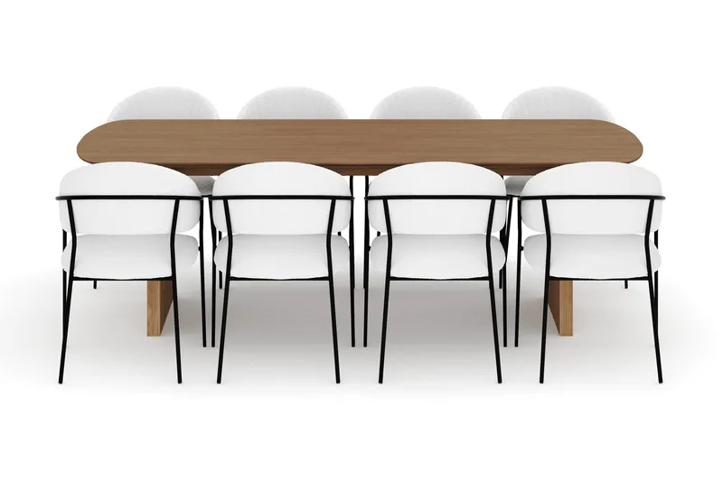 Richeto Spisebord 240 cm med 8 Karol Spisestole - Naturlig finish / Hvid Bouclé - Møbler - Borde - Spisebordssæt