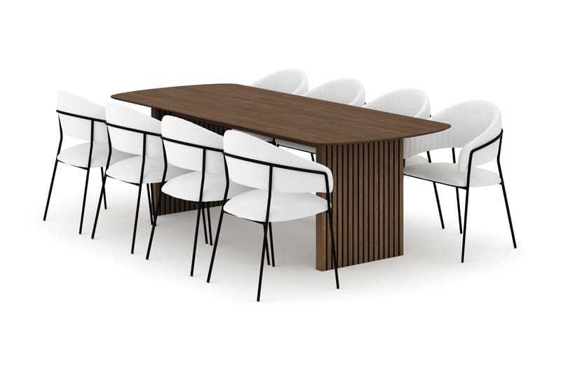 Richeto Spisebord 240 cm med 8 Karol Spisestole, Røget eg / Hvid Bouclé