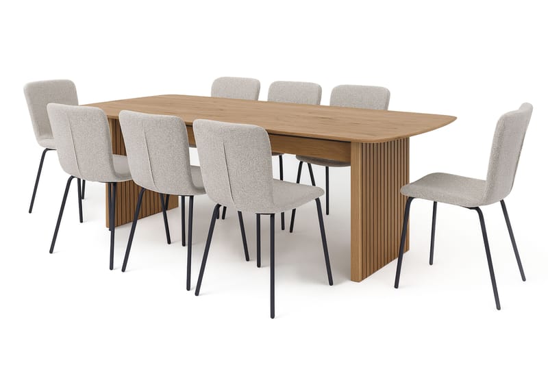 Richeto Spisebord 240 cm med 8 Katy Spisestole, Naturlig finish / Greige Bouclé / Metalben Sort
