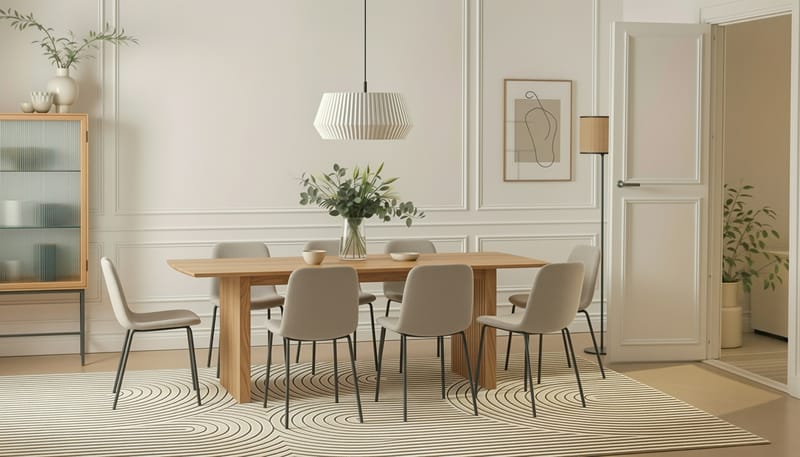 Richeto Spisebord 240 cm med 8 Katy Spisestole - Naturlig finish / Greige Bouclé / Metalben Sort - Møbler - Borde - Spisebordssæt